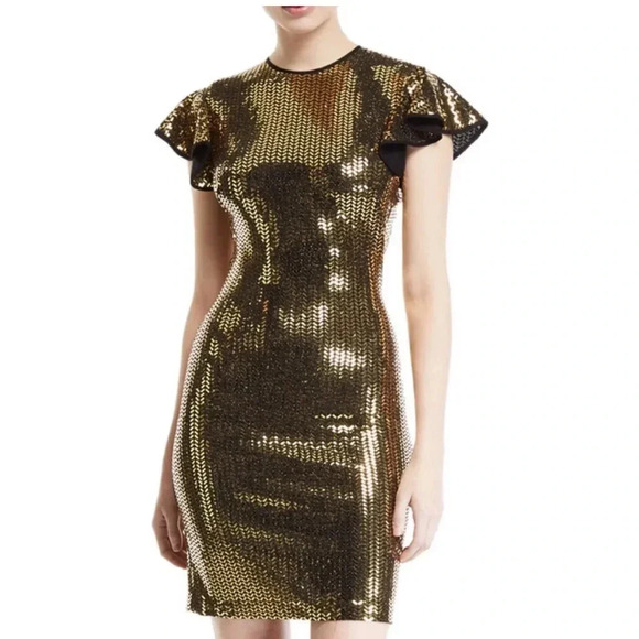 Naeem Khan Flutter Cap Sleeve Open Back Gold Sequin Dress - Picture 1 of 14
